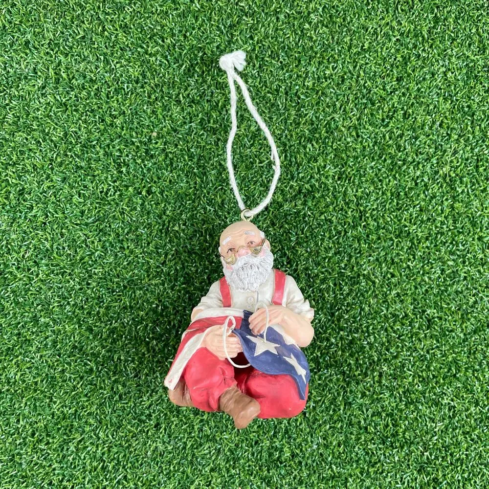 Vintage Santa Claus Sewing American Flag Patriotic Holiday Christmas Ornament